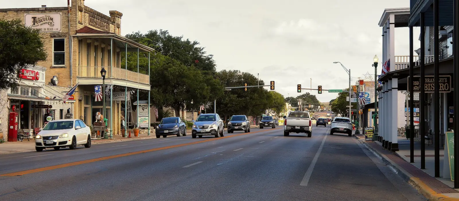 Shops and historic storefronts along Main Street in downtown Boerne, Texas