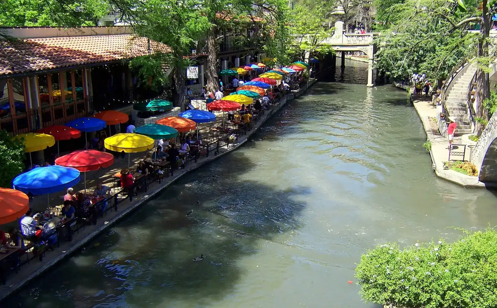 Colorful umbrellas at Casa Rio along the San Antonio River Walk downtown