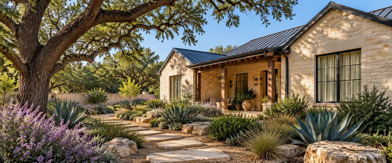 AI-generated limestone home with curtained windows, a metal roof and an oak-shaded agave garden AI-generated limestone home with curtained windows, a metal roof and an oak-shaded agave garden.