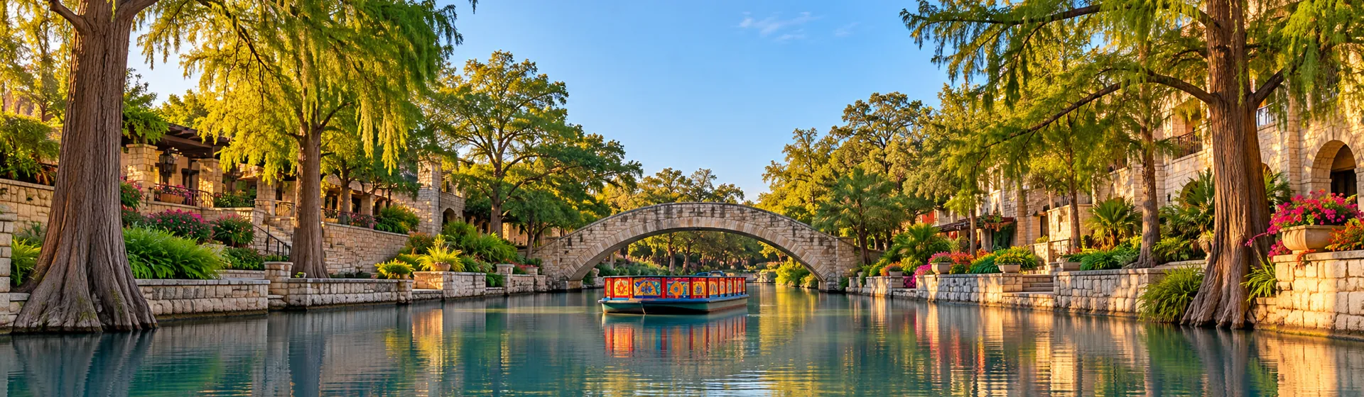 AI-generated illustration: River Walk-inspired scene with cypress trees, a stone arched bridge and a colorful river barge AI-generated River Walk-inspired scene with cypress trees, a stone arched bridge and a colorful river barge.