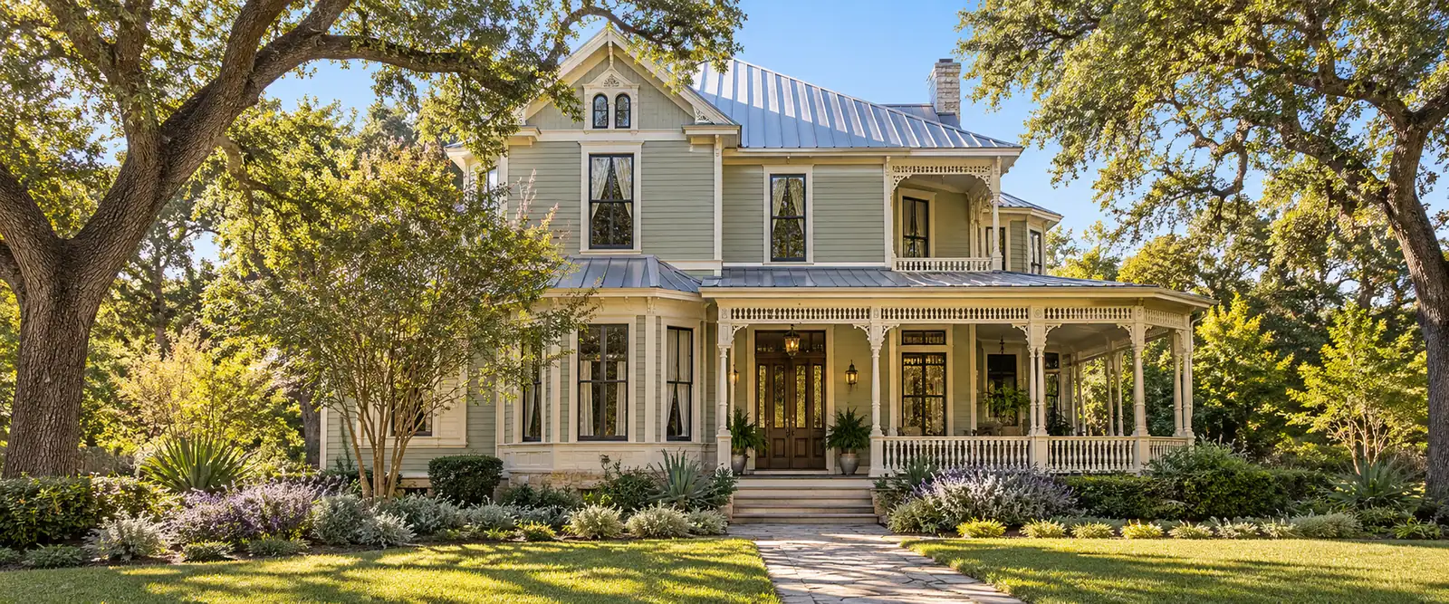 AI-generated pale sage Victorian home with ornate cream porches, a metal roof and oak-shaded native landscaping AI-generated pale sage Victorian home with ornate cream porches, a metal roof and oak-shaded native landscaping.