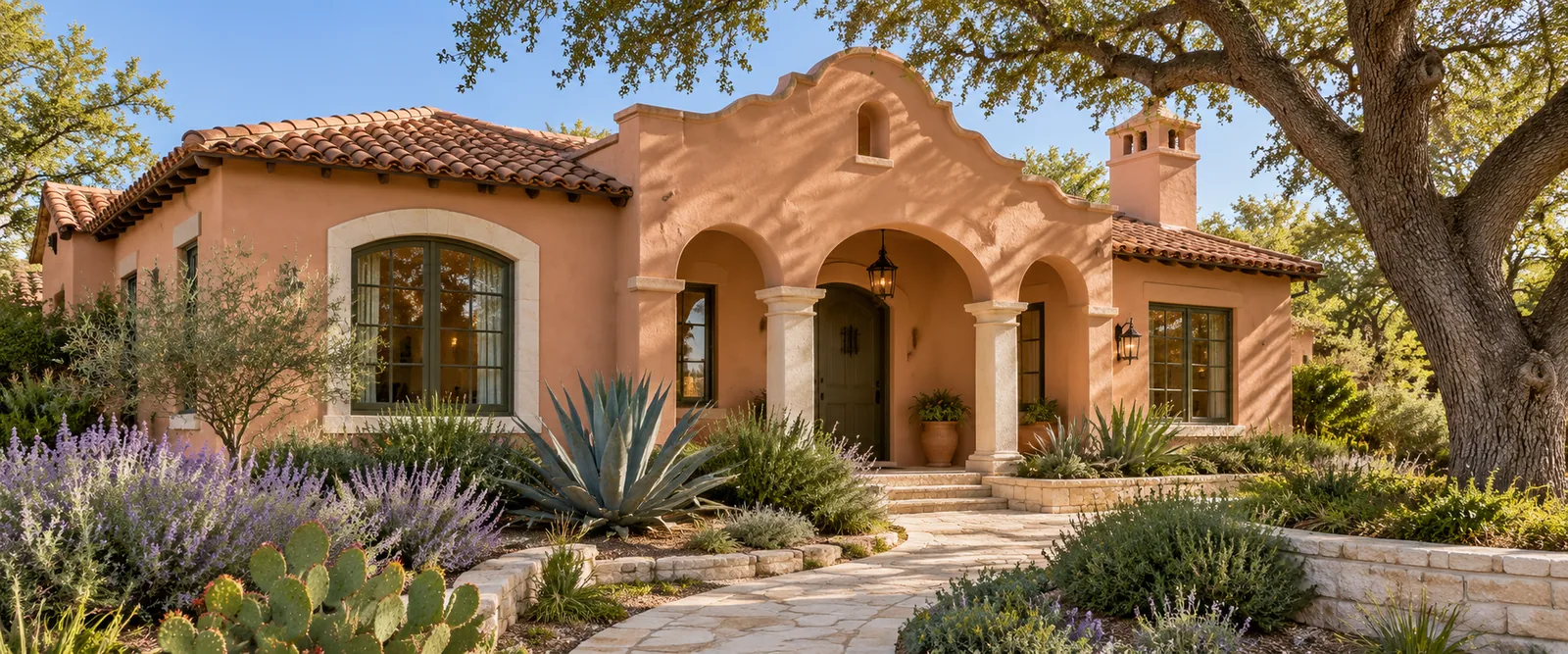 AI-generated peach Mission Revival home with an arched porch, red tile roof, agave, Texas sage and live oak.