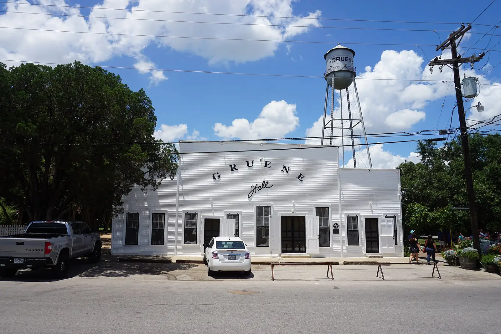 Gruene Hall, with the Gruene water tower behind it, in the historic Gruene district of New Braunfels, Texas