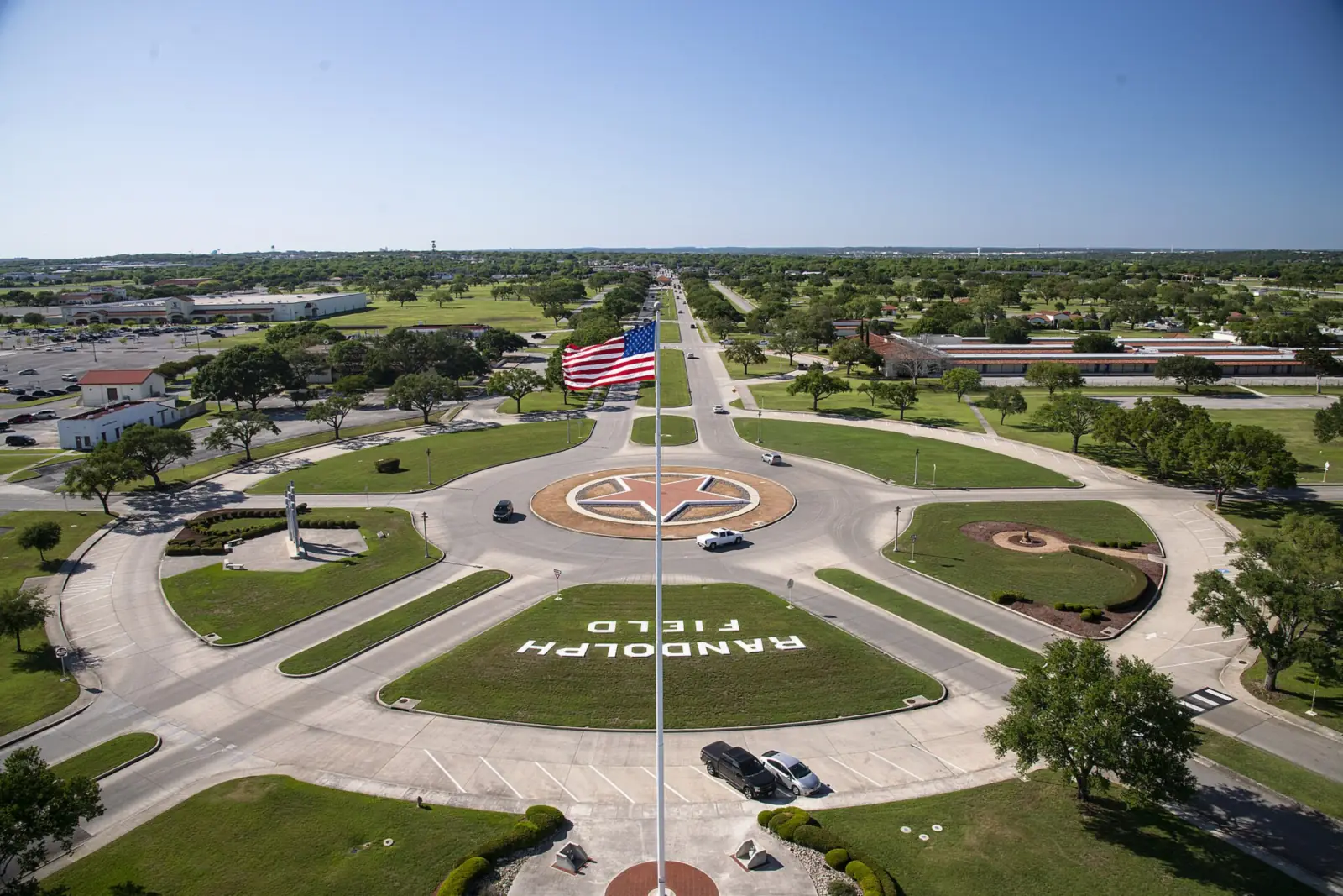 Aerial view of the circular roadway at Joint Base San Antonio-Randolph, Texas