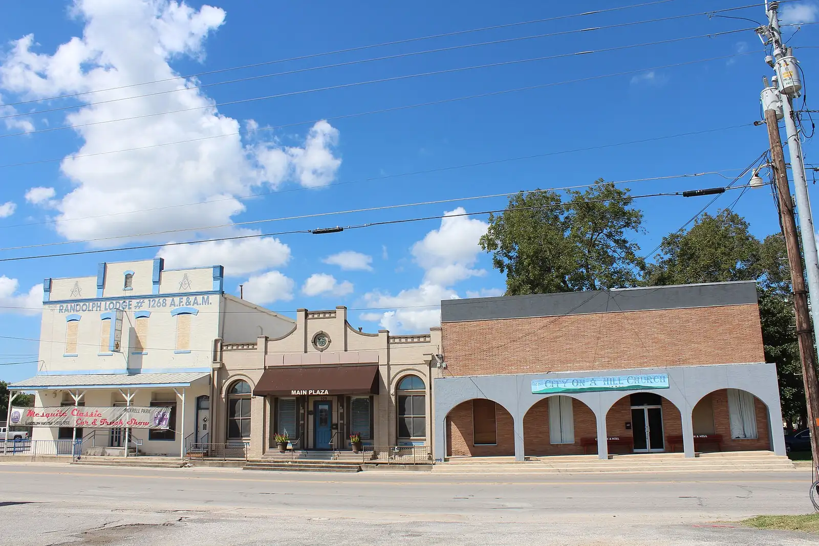 Historic storefronts on Main Street in Schertz, Texas